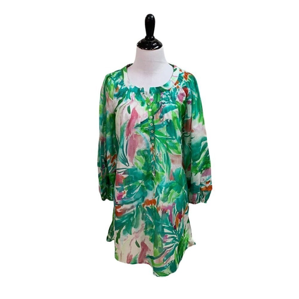 Blue Illusion Women's S Small 100% Silk Blouse Tropical Print NWT Lightweight